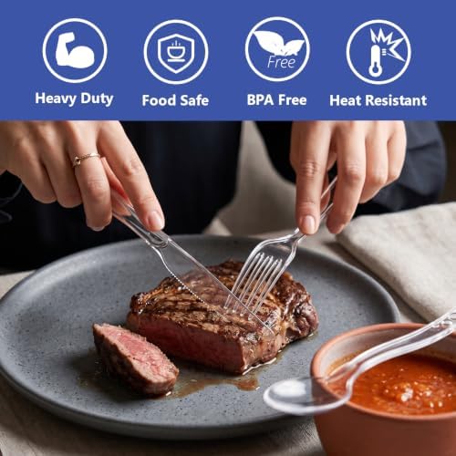 SACATR 200 Count Clear Plastic Silverware Heavy Duty -100 Forks, 100 Spoons - Image 5