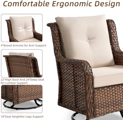 Wumiokio Patio Furniture Sets, Wicker Outdoor Furniture - 360 Degree Swivel Rocking Chairs and Rattan Side Table for Garden,Porch,Backyard (Brown Wicker/Beige Cushion, 5PCS - Swivel Chairs & Ottoman) - Image 4