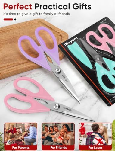 iBayam 8.7" Cute Kitchen Scissors All Purpose, Pastel Pink Purple Teal - Image 5