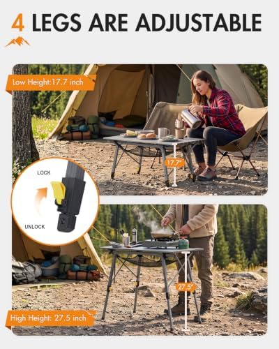 Portal Outdoor Folding Portable Picnic Camping Table with Adjustable Height Aluminum Roll Up Table Top Mesh Layer, Dark Gray - Image 3