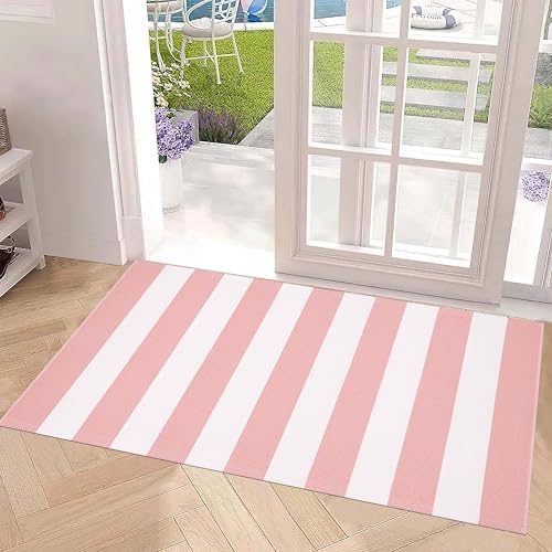 Pink and White Outdoor Rug 2'x4.3'，Striped Washable Front Porch Rug - Image 5