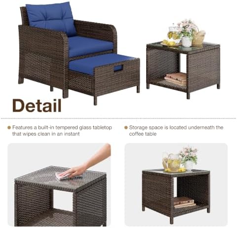 LHBcraft 5 Piece Patio Furniture Set, PE Wicker Outdoor Furniture Set with Soft Cushions & Coffee Table, Outdoor Lounge Chairs with Ottoman for Porch, Lawn, Balcony, Brown-Blue - Image 4