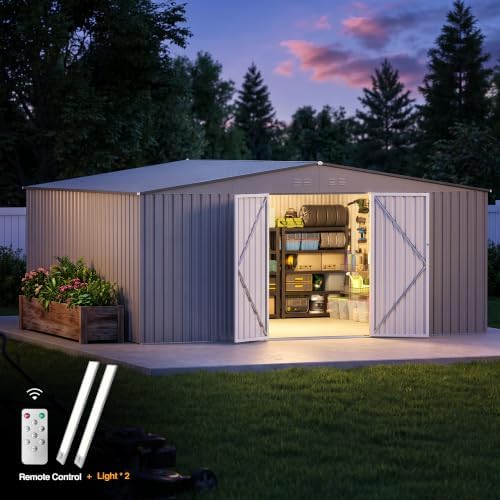 14 x 12 FT Outdoor Storage Shed, Heavy-Duty Galvanized Steel Tool Shed with Reinforced Frame, 2Magnetic Light, Lockable Double Door & Side Vents for Backyard Large Equipment, Gray - Image 3