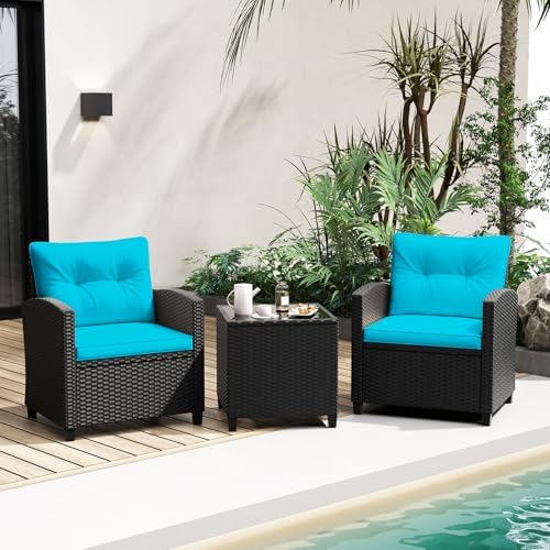 Tangkula 3 Piece Patio Furniture, Rattan Conversation Set w/Soft Seat & Back Cushions, Tempered Glass Topped Coffee Table, Cushioned Wicker Seating Set for Backyard, Porch, Poolside - Image 3