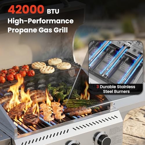 COWSAR 3 Burner Propane Gas Grill, 24,000 BTU Outdoor BBQ Grill with Side Table, Porcelain-Coated Cast Iron Grates, Removable Grease Tray for Backyard Cooking - Image 2