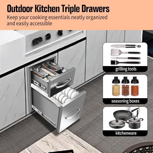 Outdoor Kitchen BBQ Drawers Stainless Steel Built-in with Handle Weatherproof Storage for Outdoor Grill Station Accessories (13''W x 20.5''H x 21''D) - Image 4