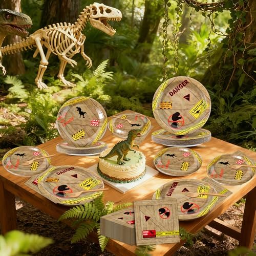 96Pcs Dinosaur Birthday Party Plates and Napkins Forks Dinosaur Theme Party Decoration Dino Disposable Tableware Set Dino Themed Park Dinnerware for Halloween Boys Girls Kids Gatherings Decorations - Image 5