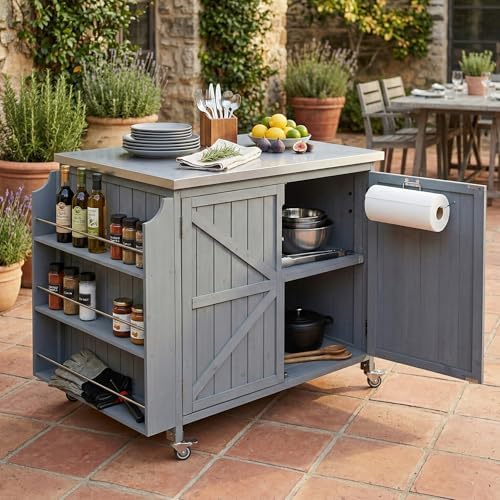 42.1" Outdoor Kitchen Island with Side Shelf and Stainless Top, Grey Blue by JIJIWANG