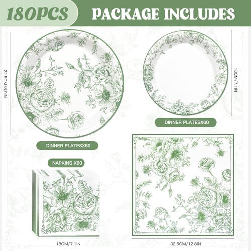 Sage Green Floral Plates and Napkins Party Supplies,Serve 60 Guests - Image 2
