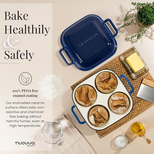 QuadPro Enamelled Cast Iron Bread Loaf Pot – Dutch Oven for Sourdough Bread Baking – 500°F Oven Safe Non Stick Bread Pot – 4 Round Loaf Spaces (4.90-inch Diameter), Dark Blue – by Nuovva - Image 2