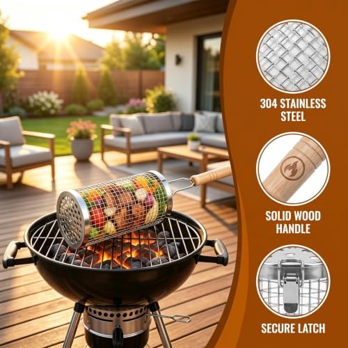 Rolling Grill Baskets, Removable Wooden Handle, Nesting BBQ Tools - Image 2