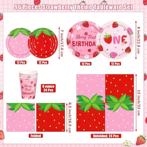 Kochorie 96 Pieces Berry First Birthday Decor Disposable Strawberry Tableware Set Include Fruit 7/9 Inch Paper Plates Cups Napkins Serve 24 Guests for Sweet One Baby Shower Berry Party Supplies - Image 2