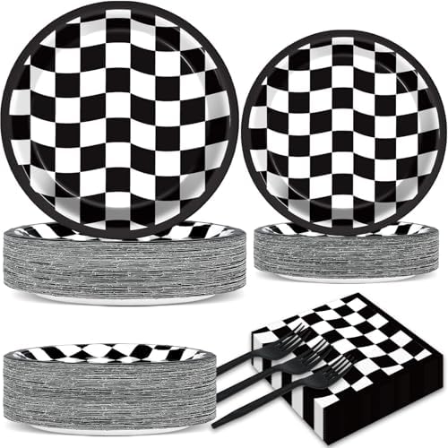 200 PCS Black and White Checkered Party Plates Napkins Race Car Birthday Cake Tableware Set for Checkered Flag Disposable Dessert Plates Forks Decor Serve 50 Guests for Racing Party Favor Supplies by CHUNNIN