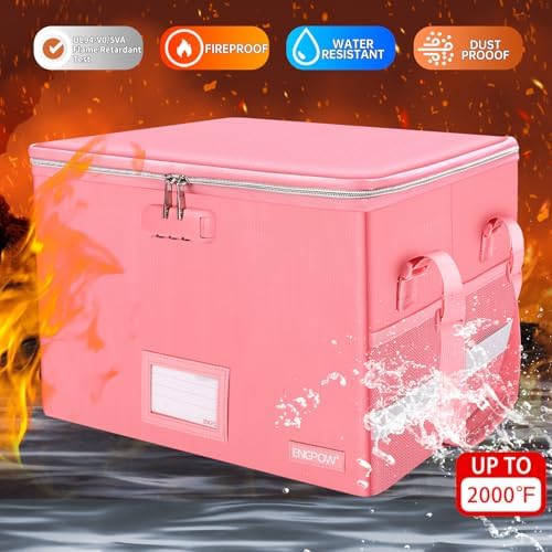 ENGPOW File Box with Lock, Fireproof Document Box with Zipper＆Pockets, Collapsible File Organizer Filing Storage Cabinet with Handle, Portable Home Office Safe for Hanging Letter/Legal Folder, Pink - Image 3