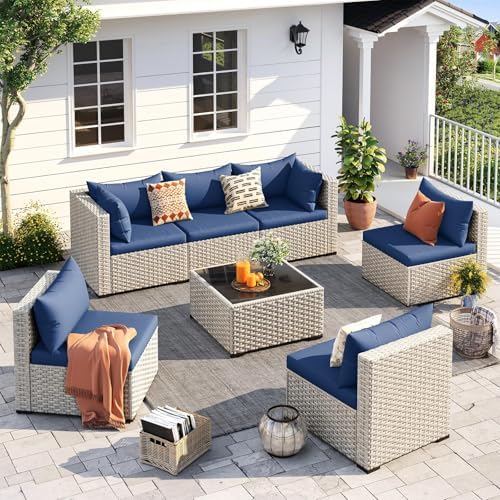 UDPATIO Outdoor Patio Furniture Set 7 Pcs Wicker Sectional Sofa Blue by UDPATIO