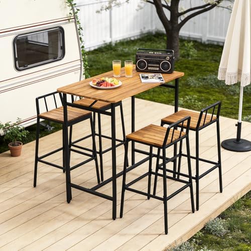 VINGLI 5 Pieces Outdoor Dining Set, Acacia Wood Outdoor Bar Table and Chairs Set for Porch Poolside Backyard Garden Balcony - Image 2