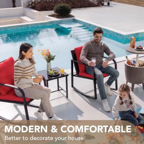 Devoko 3 Pieces Patio Furniture Set Wicker Outdoor Rocking Chair, Red - Image 2