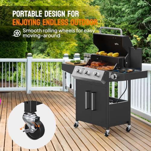 ROVSUN 3 Burner Propane Gas Grill with Side Burner, 46,000BTU BBQ Grills with Enameled Cast Iron Grates, Shelf & Cabinet for Outdoor Garden Patio Backyard Barbecue Cooking - Image 4
