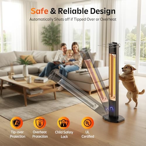 Outdoor Electric Patio Heater, 42-inch 1500W Infrared Tower Heater with 9 Heat Settings & 9H Timer, IPX5 Waterproof, Safety Lock, Tip-Over & Overheat Protection Space Heater for Indoor & Outdoor Use - Image 5
