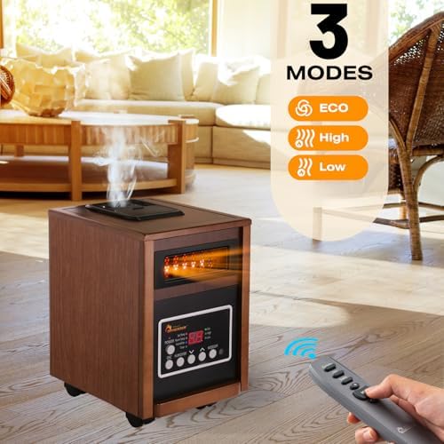 DR. INFRARED HEATER DR-998, 1500W Dual Heating Infrared Space Heater with Humidifier, Oscillation, Remote Control, Thermostat & Safety Protection, Portable with Wheels, Energy Efficient, Walnut - Image 4