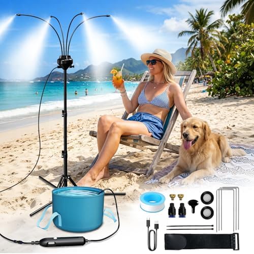 5.3FT Standing Misters for Outside Patio,Portable Misting Cooling System with 12L Bucket,Booster Pump,26.5FT Water Line & 6 Brass Nozzles,Adjustable Height Water Mister for Patio, BBQ, Pool by MQHUAYU