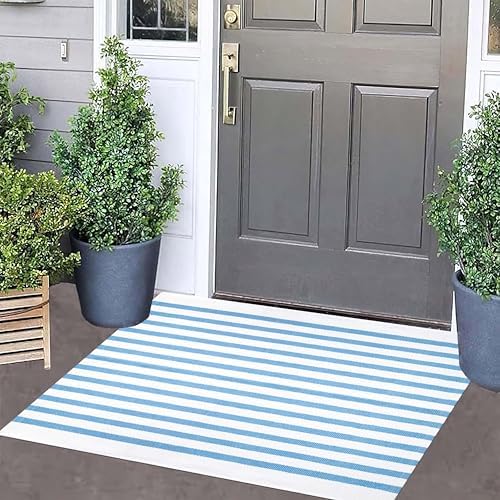 Front Outdoor Door Mat 2'x3',Light Blue Striped Outdoor Rug Machine Washable Cotton Layered Door Mat Entryway Throw Rug for Indoor Entrance by BUAGETUP