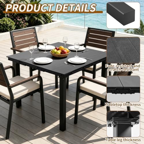 35.4" Square HDPE Wood Grain Patio Dining Table, Heavy Duty Galvanized Metal Frame, 300 LBS Weather Resistant Rustproof Outdoor Table for Backyard Garden Deck Porch, Black Woodgrain - Image 5