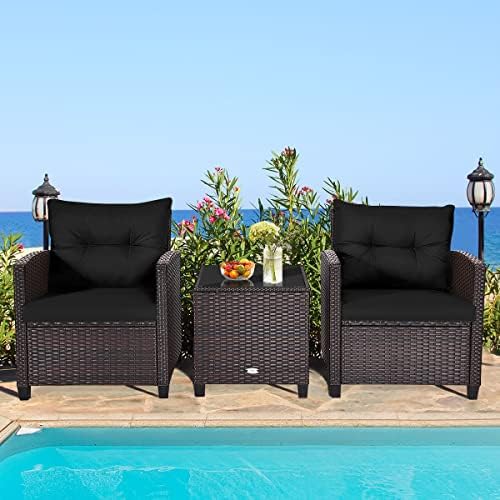 RELAX4LIFE 3 Piece Patio Furniture Set, Wicker Bistro Conversation Set w/ 2 Cushioned Armchairs & Glass Topped Table, Outdoor Rattan Sofa Set Patio Furniture for Porch Balcony Poolside (Black) - Image 2