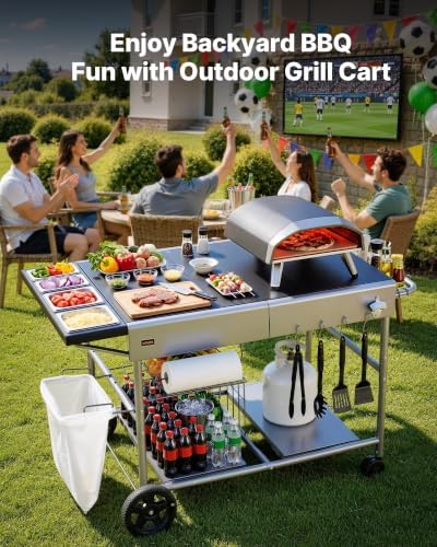 VEVOR Outdoor Grill Cart, Grilling Table, Movable Outdoor Cooking Table with 4 Spice Containers, Wheels, Lids, Hooks, BBQ Prep Tables for Picnic, Kitchen, Courtyard - Image 2