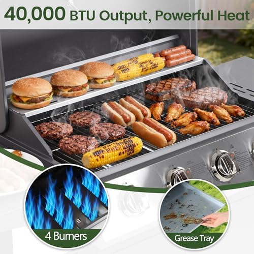 HUGROVE 4-Burner Propane Gas BBQ Grill, Upgraded 40,000 BTU Stainless Steel Barbecue Grill with Foldable Side Tables, Spice Rack & Wheels for Outdoor Cooking - Image 5