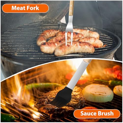 5 pcs Heavy-Duty Wooden BBQ Grilling Tools Set, Extra Thick Stainless Steel Multi-Functional Spatula, Fork, Tong, Oiling Brush & Cleaning Brush - an Excellent Barbecue Gift for Men - Image 7