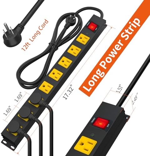 8 Outlet Power Strip 2100J Surge Protector, 12FT Heavy Duty Extension Cord Wide Spaced Outlet and Wall Mount Metal Powerstrip for Home Office Garage Workshop - Image 7