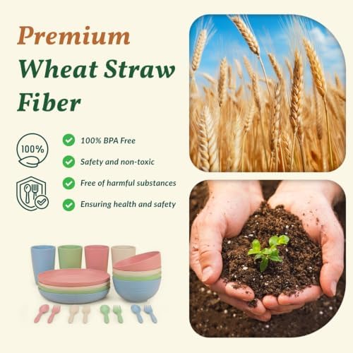 Homienly Wheat Straw Dinnerware Sets 20 PCS Plates and Bowls Sets Microwave and Dishwasher Safe Dish Set Unbreakable Camping Dish Set Cups and Plates Sets for Kitchen, Picnic, RV (Multilight) - Image 3