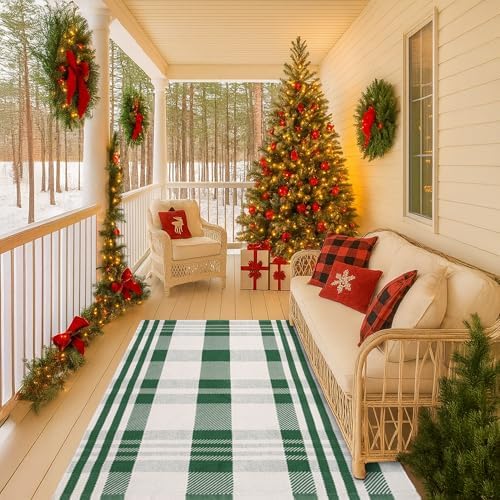 Christmas Green & White Check Rug - 4' x 6' Outdoor Front Door Decor Mat Cotton Washable Hand-Woven Rug Christmas New Year Holiday Porch Entryway Layered Doormat by Homydecor