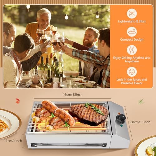 110V 1800W Commercial Electric Grill Portable Barbecue Oven Stainless Steel BBQ Grill Countertop Flat Top Electric Grill for Indoor Restaurant Outdoor Camping Party Sliver - Image 5