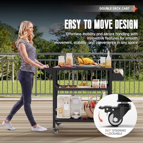Oakcloud Outdoor Grill Cart with Storage, Movable Pizza Oven Table, Durable Steel BBQ Prep Station, Grill Table for Outside Cooking, Heavy-Duty Outdoor Kitchen Cart with Wheels - Image 3