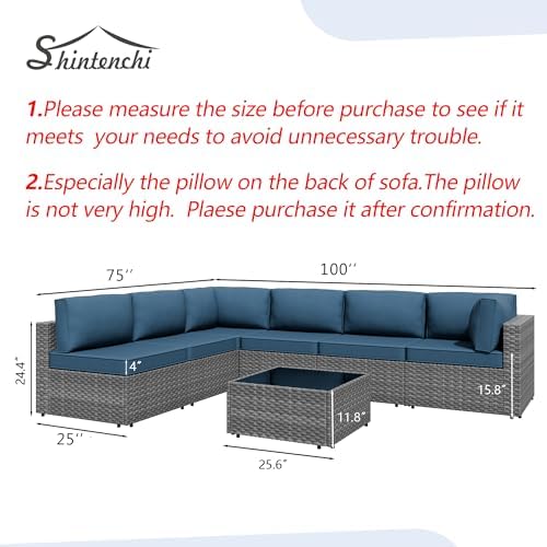 7 Piece Outdoor Patio Furniture Set with Silver PE Rattan, Navy Blue - Image 3