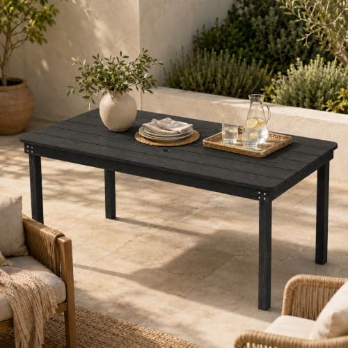 67" Rectangular Outdoor Dining Table, All-Weather HDPE Patio Table for 6-8 Person, Large Composite Wood Furniture with Umbrella Hole for Backyard Deck Garden Poolside, Black by PatioKingdom