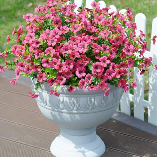 Daisy Artificial Flowers for Outdoors Decor, 12 Bundles Faux Daisy with Eucalyptus Fake Plants Greenery UV Resistant Look Real Colorful Faux Flowers for Outside Planter Porch Patio Gardens, Hotpink - Image 3