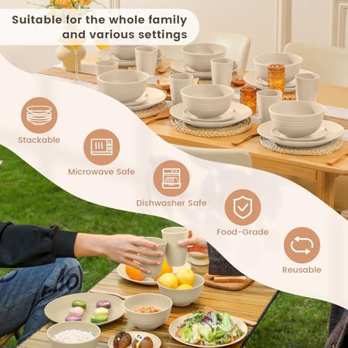 Homienly 24 PCS Premium Wheat Straw Dishes Set for 6, Reusable Plates and Bowls Sets,Cups,Lightweight & Unbreakable Dishwasher and Microwave Safe Dinnerware Sets for Kitchen,Outdoor- Beige - Image 6