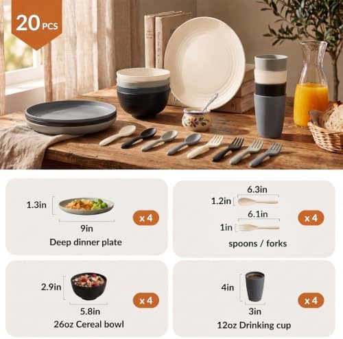 Homienly Unbreakable Wheat Straw Dinnerware Sets, Plastic Plates and Bowls Sets Alternative 20 PCS, Microwave & Dishwasher Safe Dish Set for Kitchen, Camping, Kids, Apartment, Lightweight(Grey Stone) - Image 2