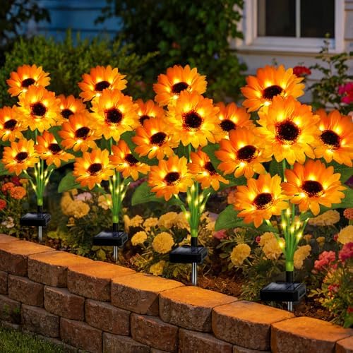 Solar Sunflower Lights Outdoor Garden Decor, 4 Pack Solar Flowers Lights with 24 Sunflowers, Waterproof Fall Decor Stake Decorative Light Auto ON/Off for Garden Yard Patio, Gift for Women by stadeco