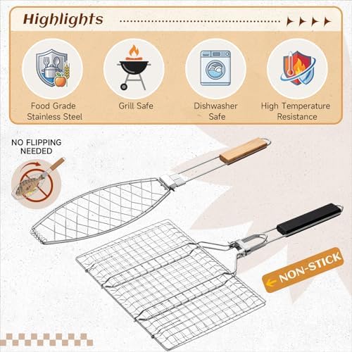 Didaey 3 Pcs Fish Grilling Basket Set 2 Sizes Stainless Steel BBQ Grill Baskets and a Silicone Basting Brush Foldable Handle and Lockable Design for Outdoor BBQ Camping Grills Father's Day Gift - Image 3