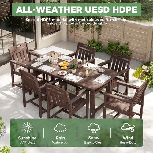 HDPE Outdoor Patio Dining Set with Table & 6 Chairs, All-Weather 7-Piece Outdoor Table and Chairs, 2" Umbrella Hole, Patio Furniture for Garden, Backyard, Deck | Brown - Image 3