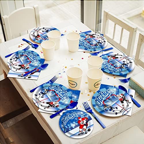 Wiooffen 96pcs Hockey Plates and Napkins Party Supplies Ice Hockey themed Birthday Party Decorations Set Disposable Tableware Kit Hockey Fans Birthday Party Sport Events Favors for Kids, Serve 24 - Image 5