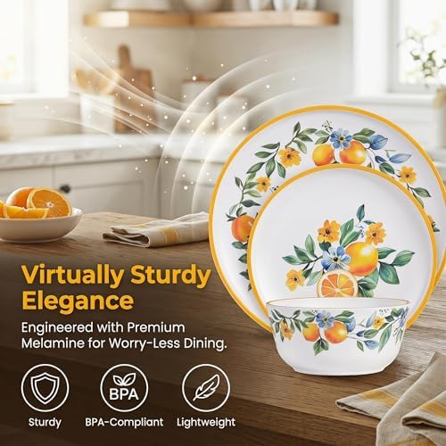 Lemon Dinnerware Set for 4, 12-Piece Melamine Plates and Deep Bowls - Image 3