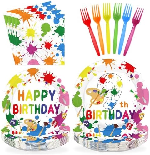 96 Colorful Art Paint 9th Birthday Party Supplies Serves 24 by Greencian