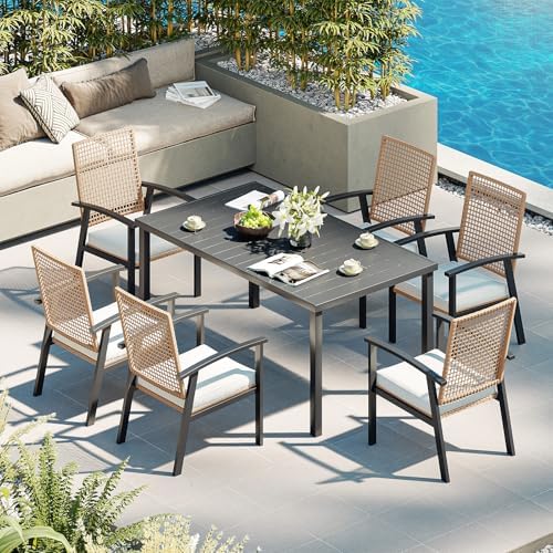 Aoxun 7-Piece Wicker Patio Table and Chairs Set for 6 with Umbrella Hole by Aoxun