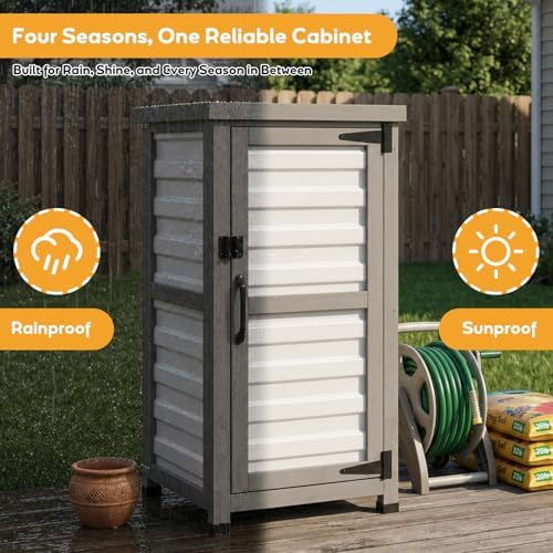 PetsCosset Small Outdoor Storage Cabinet, Wood & Plastic Potting Bench Table Tool Organizer for Patio Backyard Garden, Metal Top, Adjustable Shelf, Corner Storage for Narrow Spaces - Image 5