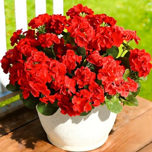 Fake Outdoor Flowers, 6 Pcs Artificial Flowers for Outdoors, Red Artificial Geraniums Plastic Flowers, Fake Plant for Outside, Silk Faux Flowers Outdoor Planters UV Resistant for Front Porch - Image 7